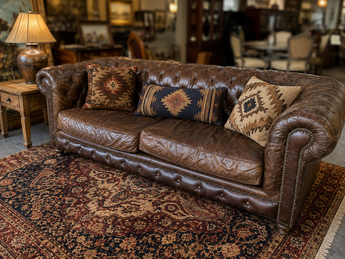 Brown leather sofa styled inside Cadie’s Corner furniture showroom