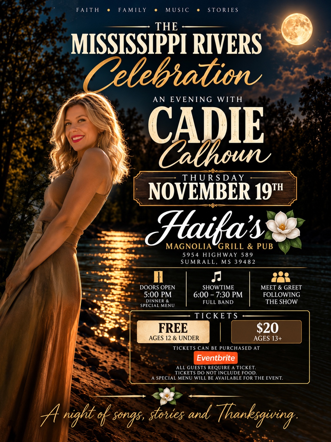The Mississippi Rivers Celebration with Cadie Calhoun at Haifa’s Magnolia Grill and Pub on November 19