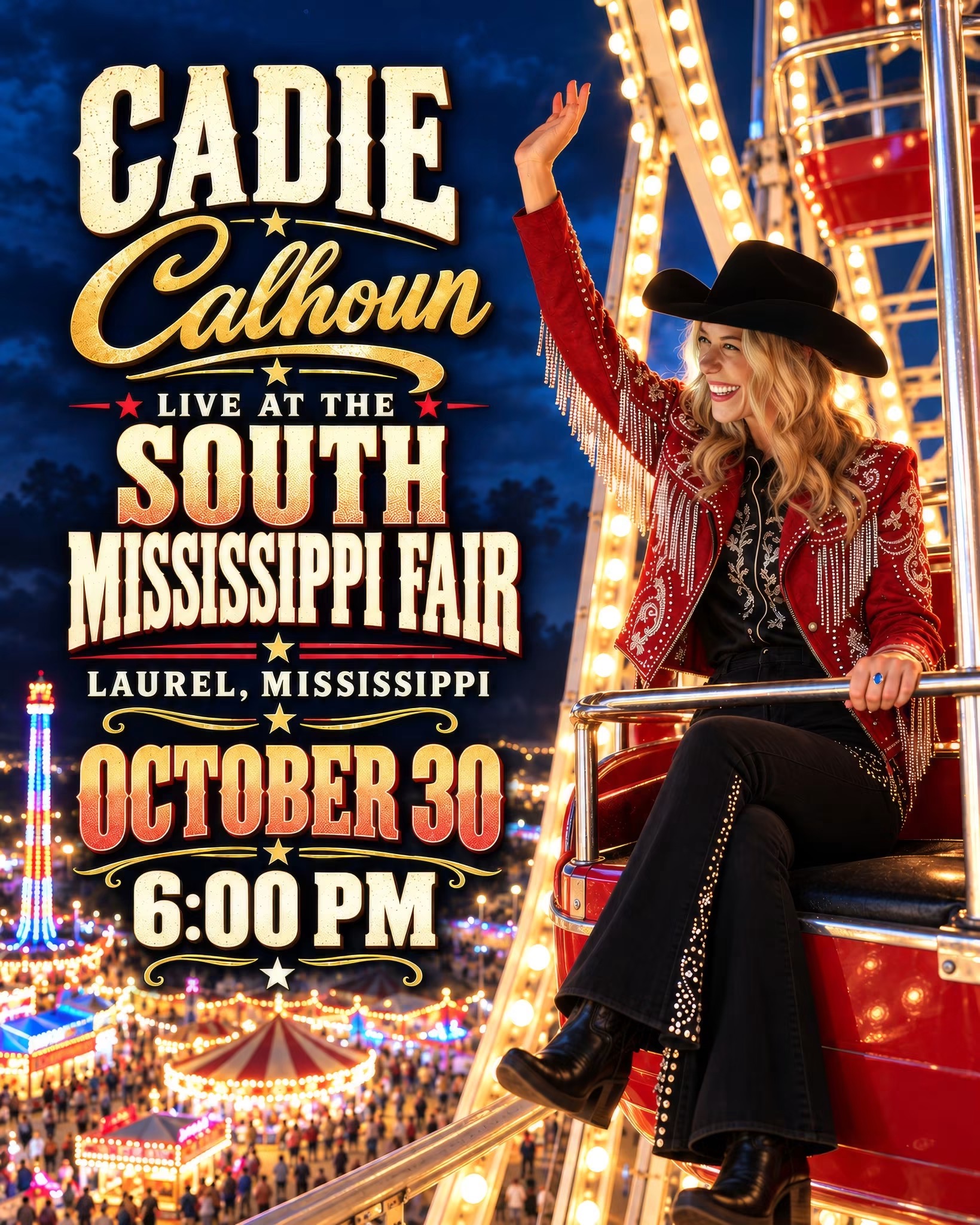 Cadie Calhoun live at the South Mississippi Fair in Laurel, Mississippi, October 30 at 6:00 PM